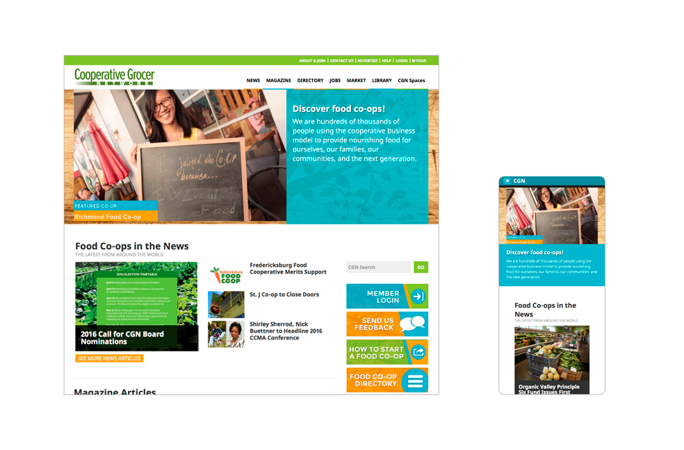 Desktop and mobile views of Cooperative Grocer website