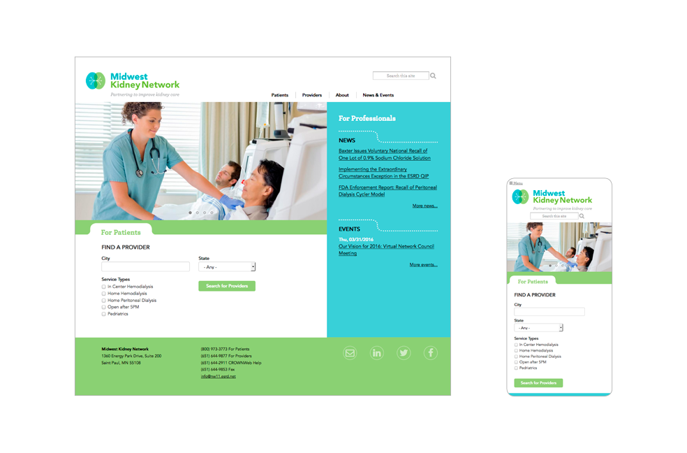 The new website has a clean design with clear content paths for Patients and Professionals. Desktop and mobile views of Midwest Kidney Network website