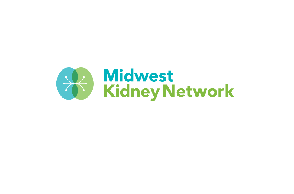 Horizontal Midwest Kidney network logo: Pastel aqua and green kidney drawing and text