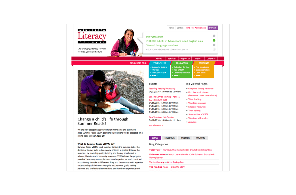 The site features a searchable database of classes, an events calendar, four blogs and social networking updates. Desktop view of Minnesota Literacy Council website