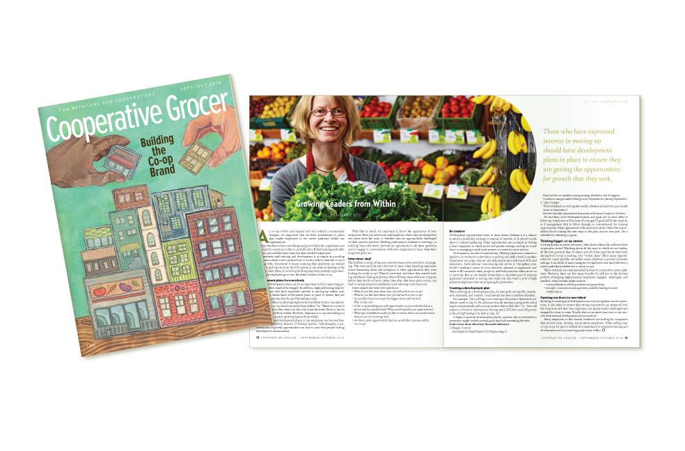 Display of Cooperative Grocer Magazine Cover, and sample interior page,  September-October, 2016