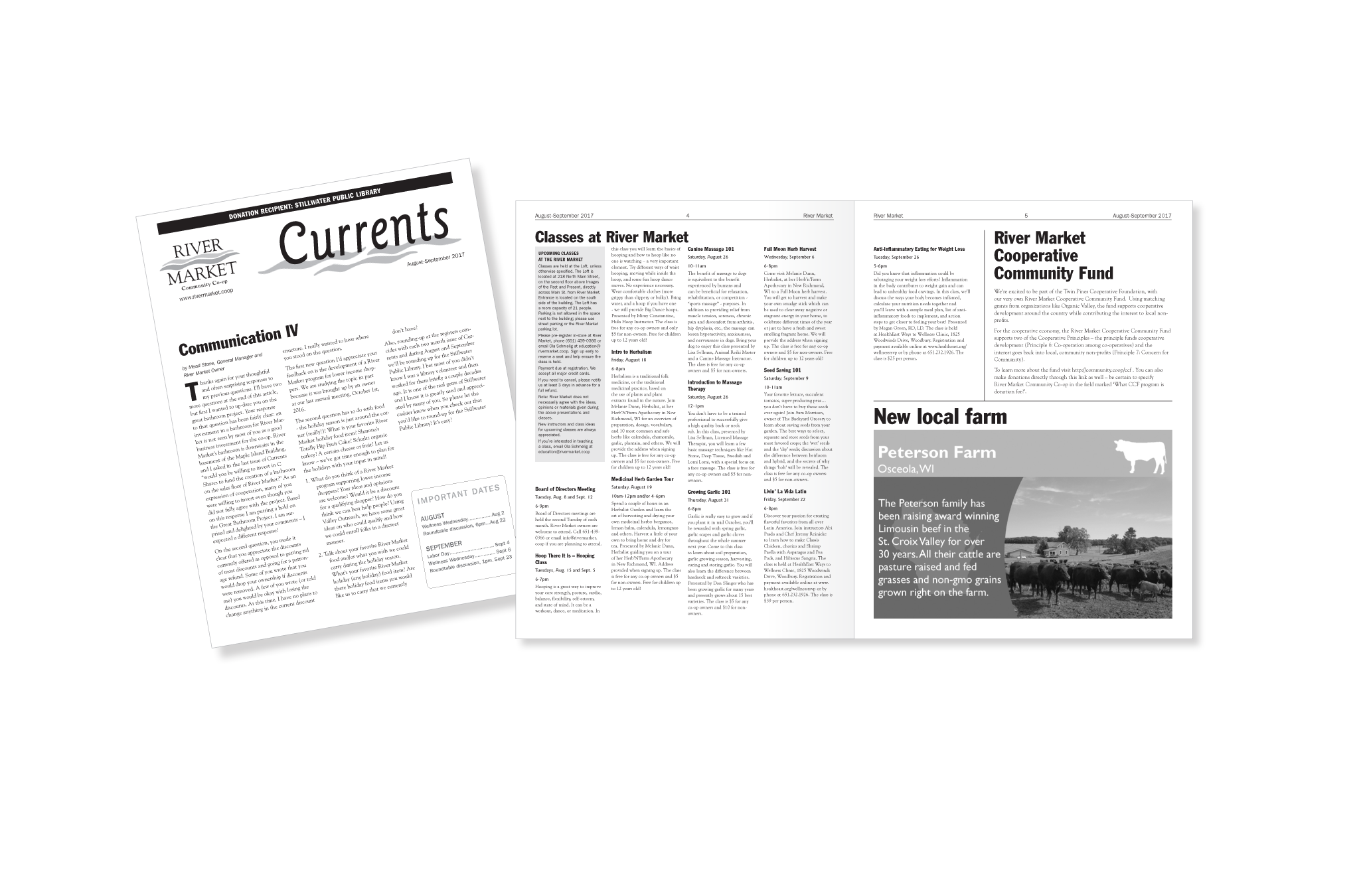 Cover and interior 2-page spread layouts River Market Currents newsletter