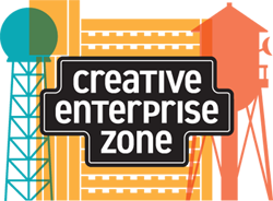 Creative Enterprise Zone logo - KSTP globe antenna, highrise apartment building, Vandalia water tower